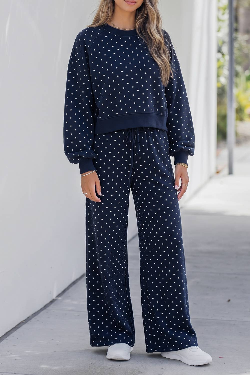 Polka Dot Wide Leg Long Sleeve Top Pant Set