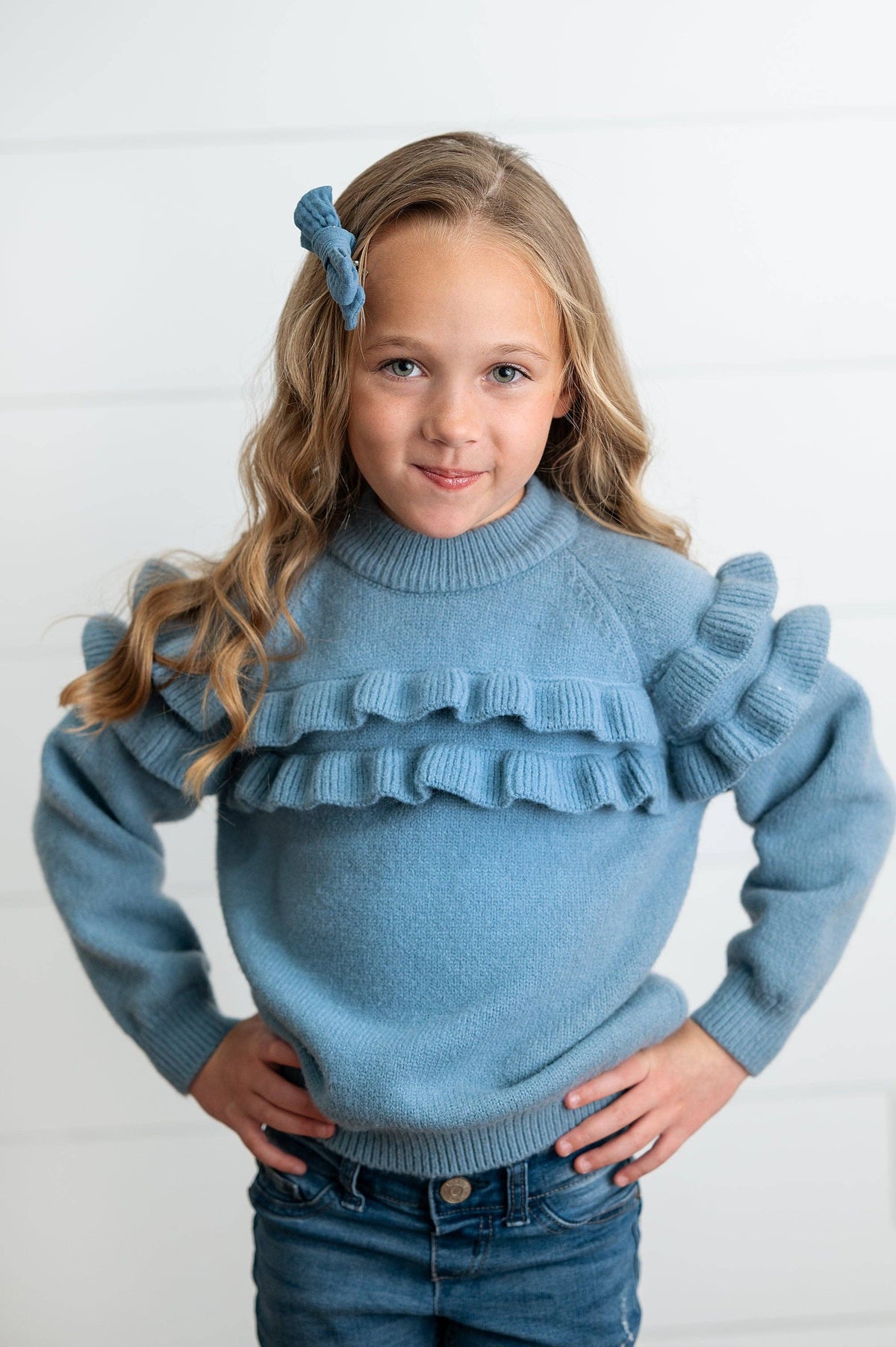 Kids Dusty Blue Double Ruffle Sweater