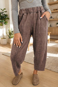 Coffee Mineral Wash Seam Elastic Waist Barrel Pants