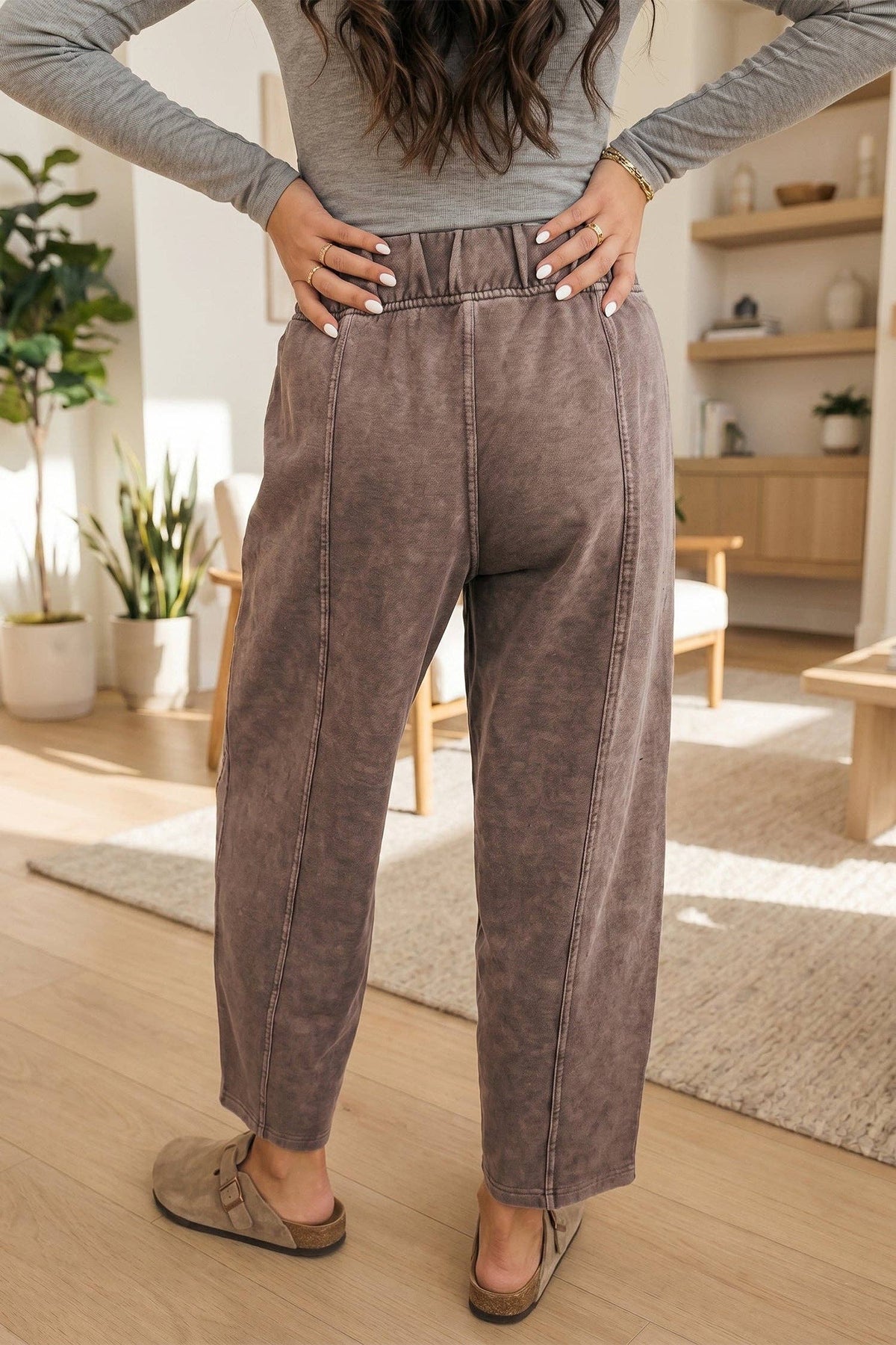 Coffee Mineral Wash Seam Elastic Waist Barrel Pants