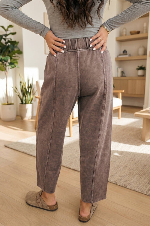 Coffee Mineral Wash Seam Elastic Waist Barrel Pants