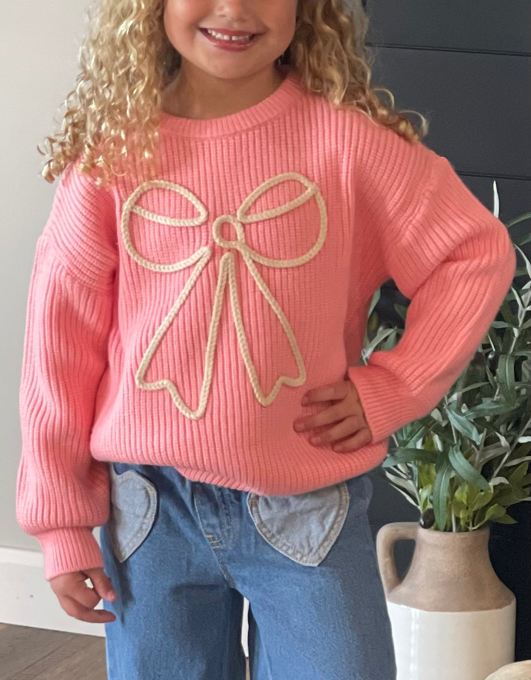 Girls Molly Pink Cable Knit Bow Fall Winter Sweater
