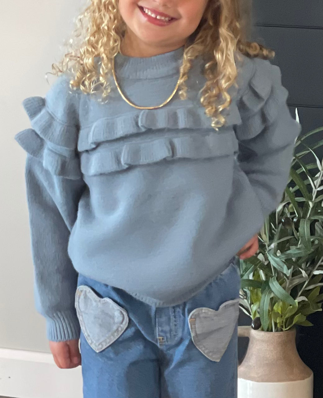 Kids Dusty Blue Double Ruffle Sweater