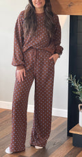 Polka Dot Drawstring Wide Leg Long Sleeve Set