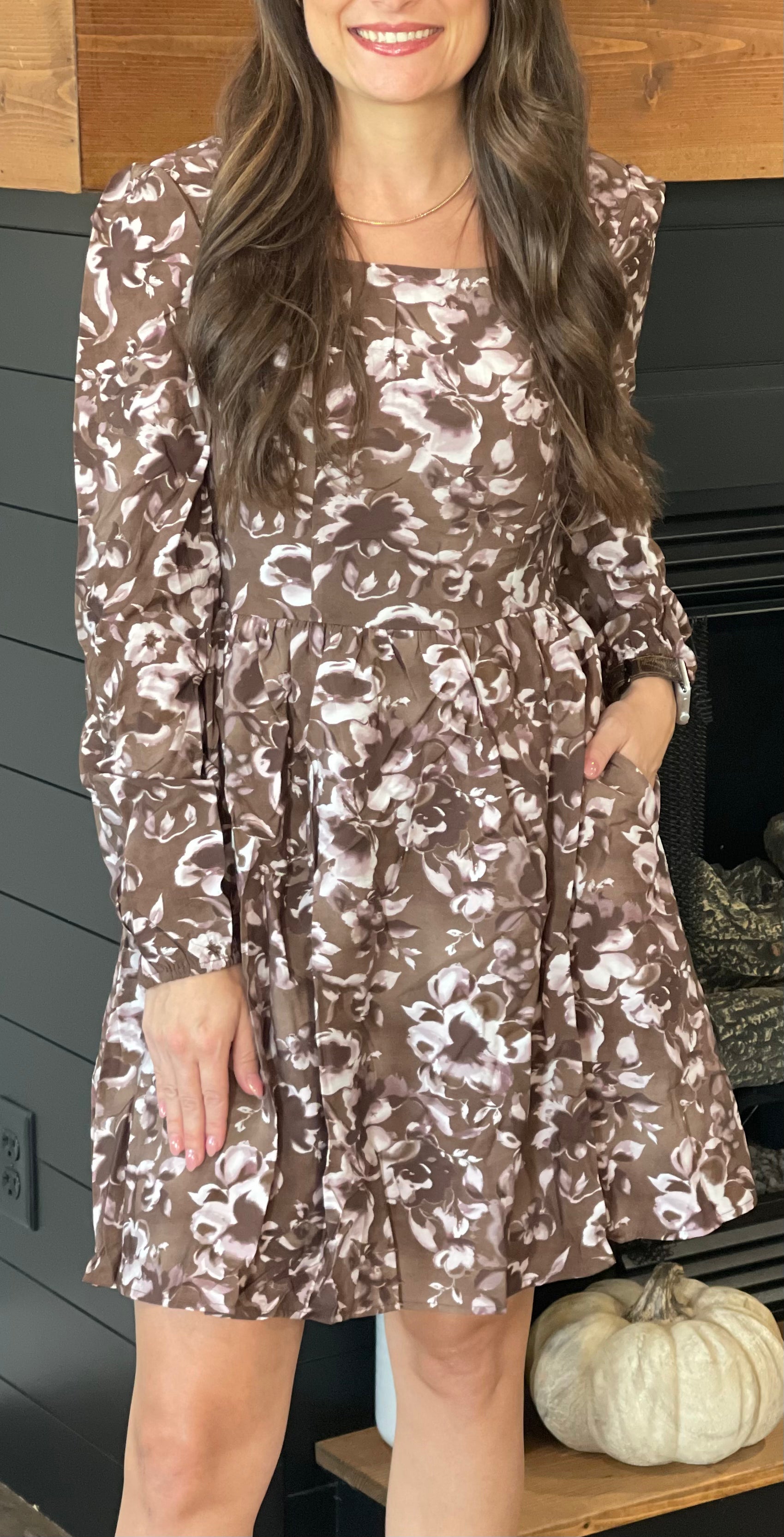 Brown Floral Square Neck Mini Dress