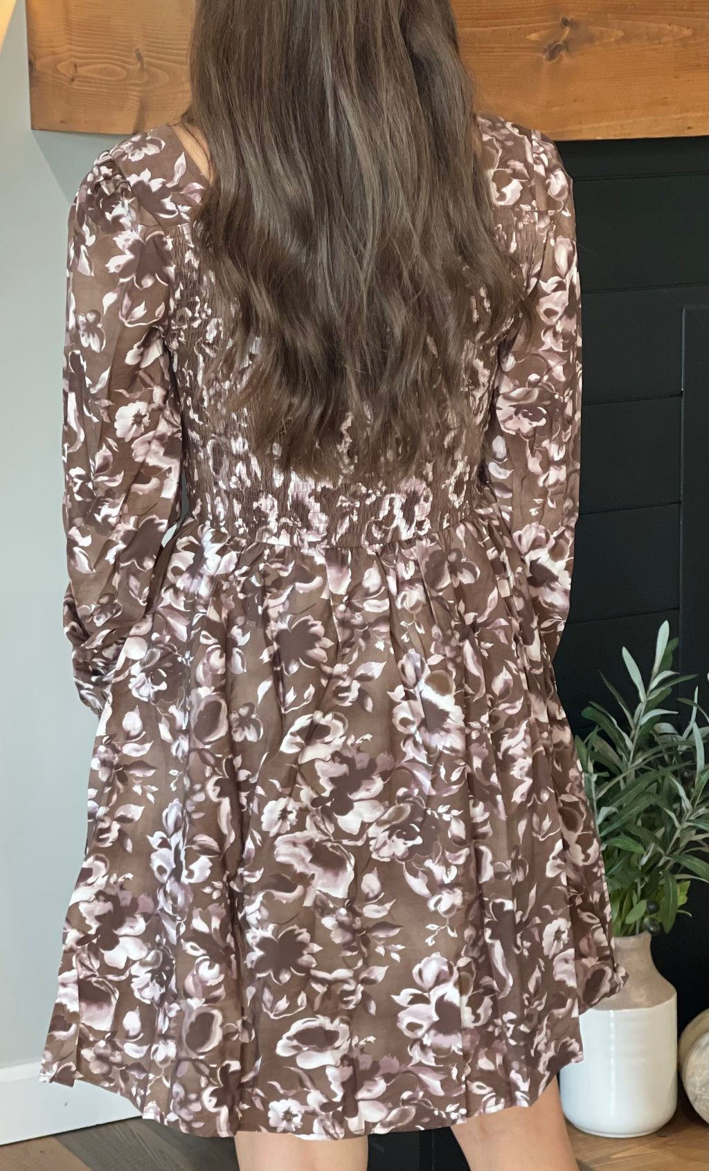 Brown Floral Square Neck Mini Dress