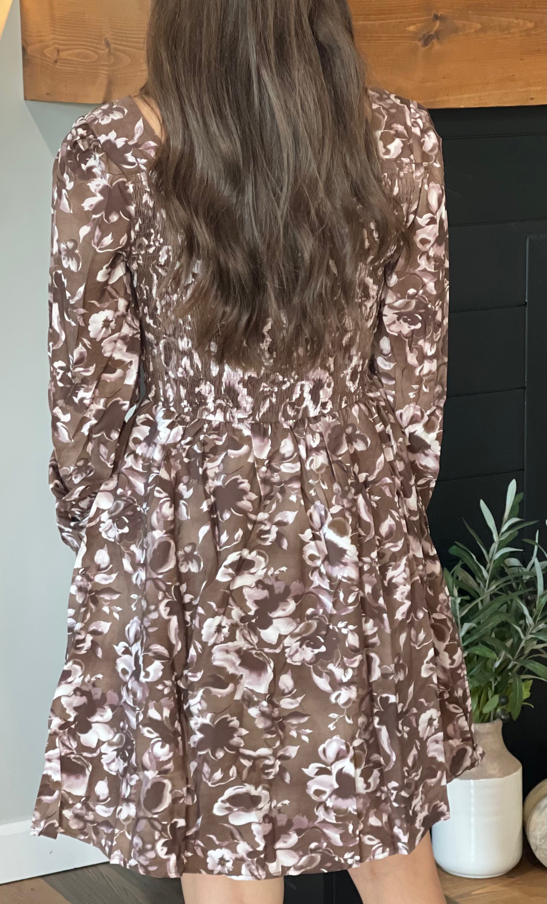 Brown Floral Square Neck Mini Dress